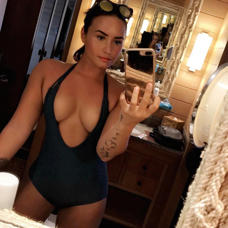 Demi Lovato Striped Cutout One-Piece Swimsuit