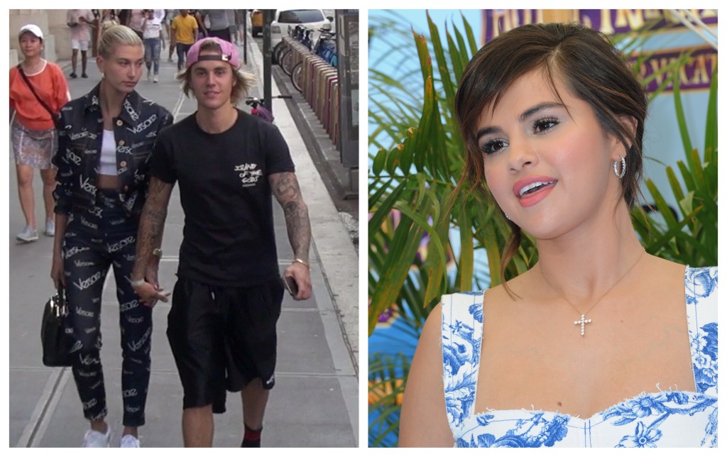 Justin Bieber and Hailey Baldwin side by side with Selena Gomez