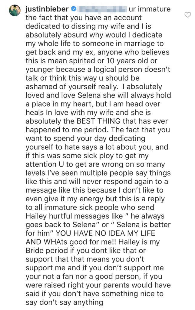 Justin Bieber Addresses Selena Gomez Relationship On Instagram