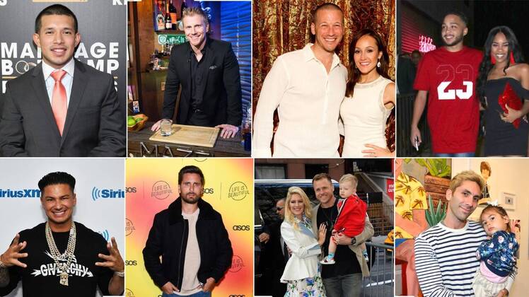 Javi Marroquin, top left, wears a suit. Paul D, bottom left, wears a black shirt with the word GILVENCHY on it. Scott Disick, bottom and second to the right, is wearing a black jacket with a white shirt underneath. Spencer Pratt, bottom and second to the right, is holding his son with partner heidi montag.