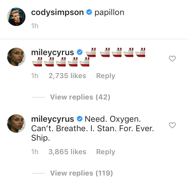 Miley Cyrus Comments on Cody Simpson's Insta