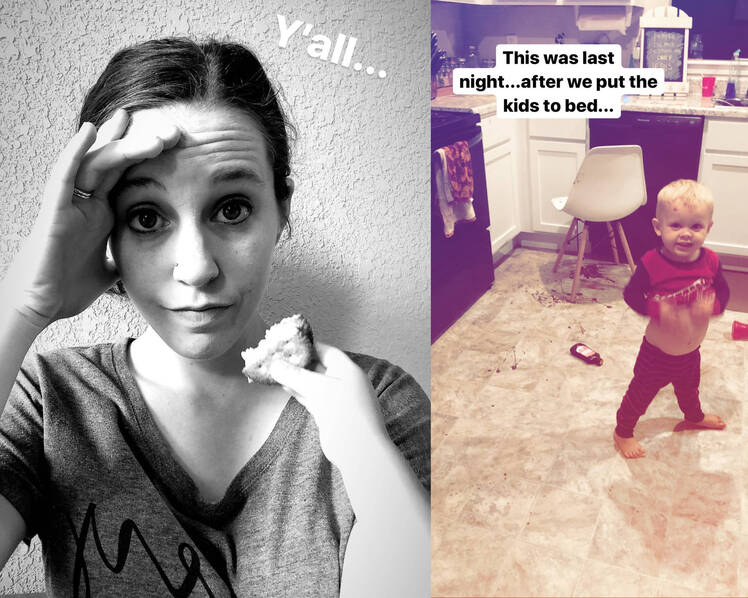 Side-by-side photos of Jill Duggar Looking Exhausted and Son Sam Destroying Her Kitchen