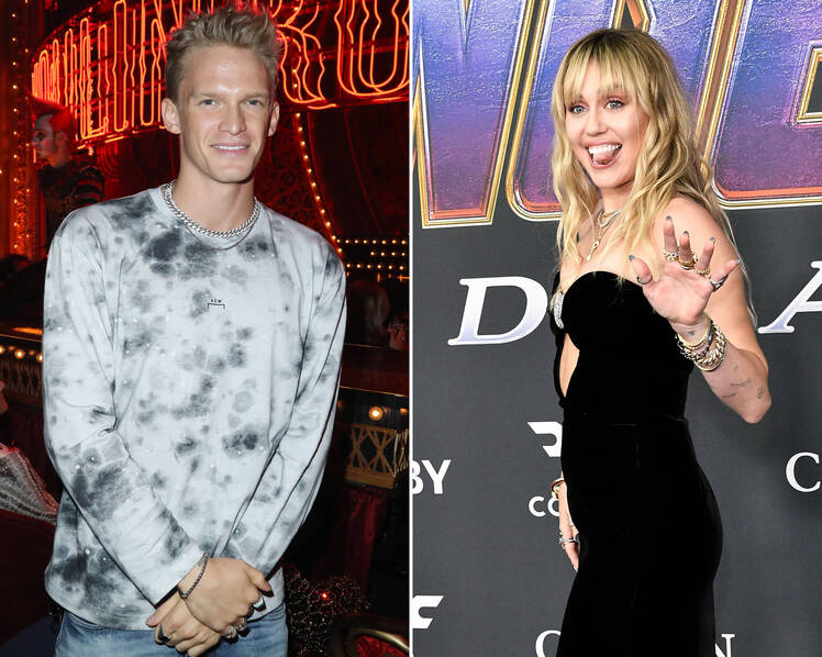 Side-by-Side of Cody Simpson Smiling and Miley Cyrus Waving