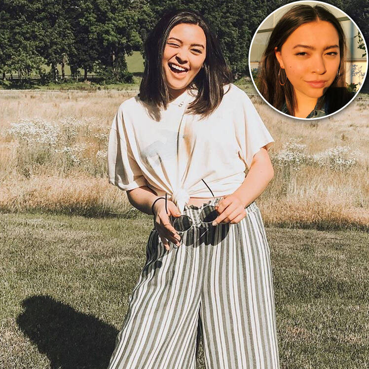 Mady Gosselin in Striped Pants and T-Shirt in Feild, Inset Mady Selfie