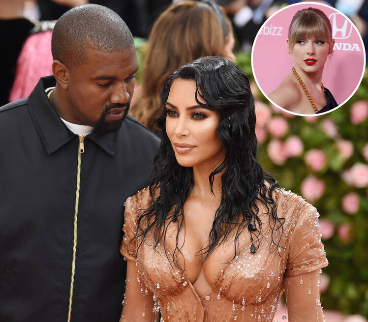 Inset Photo of Taylor Swift Over Photo of Kim Kardashian and Kanye West