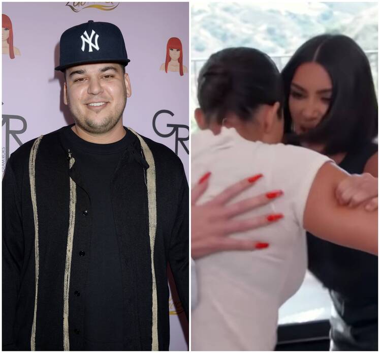 Rob Kardashian Smiles in Blue New York Hat in Hoodie in Split Image of Kim and Kourtney Fighting on KUWTK
