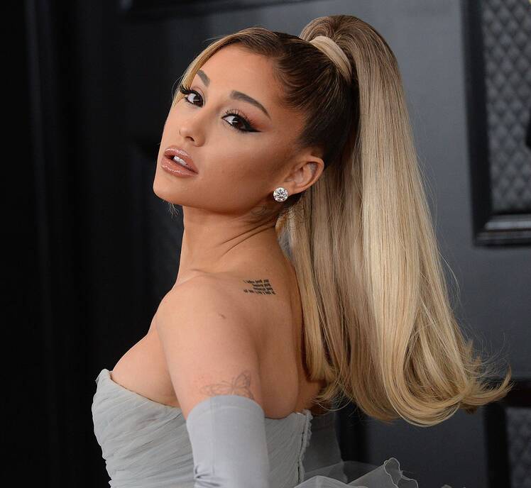 Ariana Grande Wears Grey Gown and High Blonde Ponytail