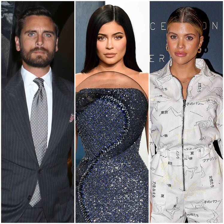 Scott Disick Wears Grey Suit Kylie Jenner Sparkly Navy Blue Strapless Oscars Gown Sofia Richie Wears White Zipper Jumpsuit
