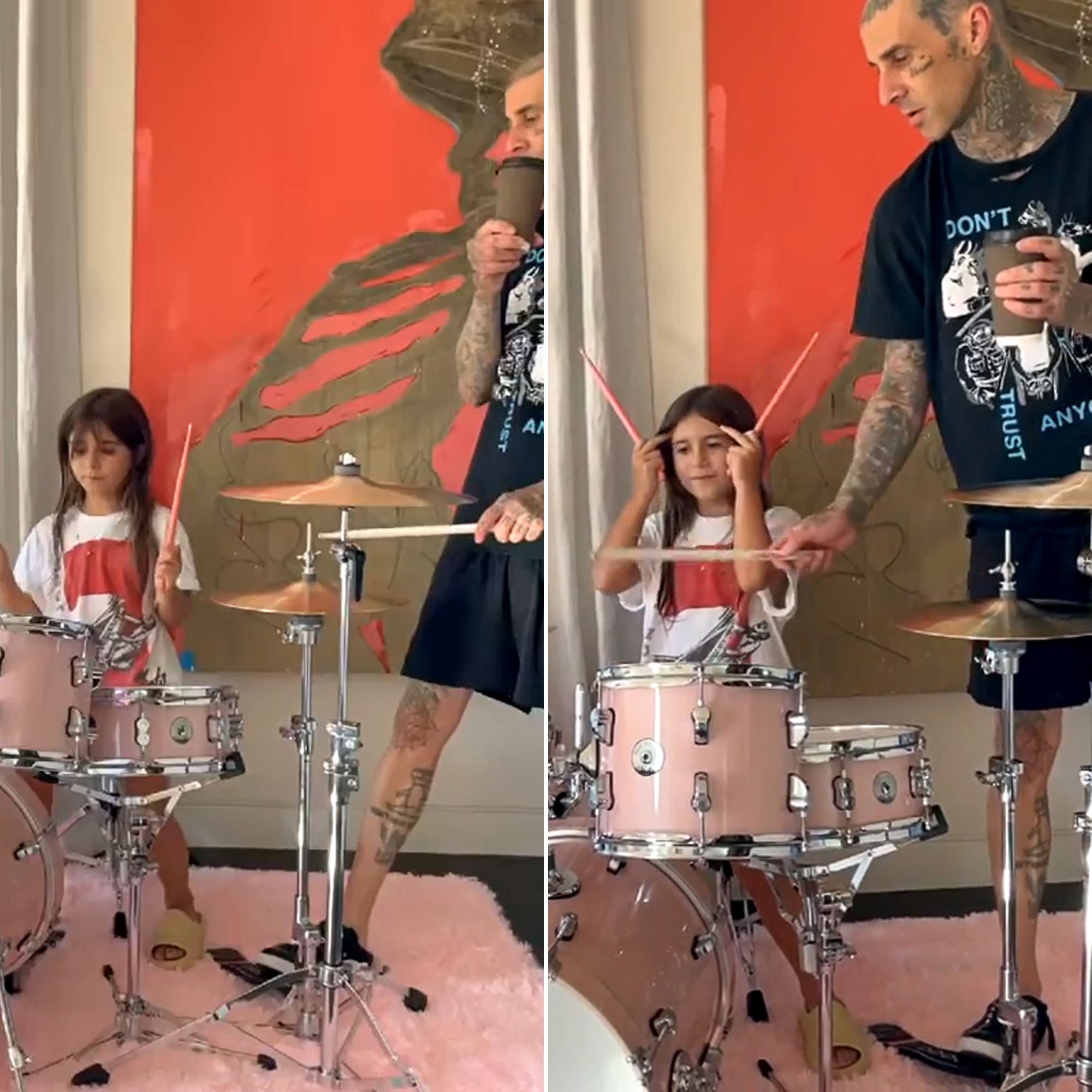 Travis Barker Helps Penelope Disick Learn to Play the Drums In