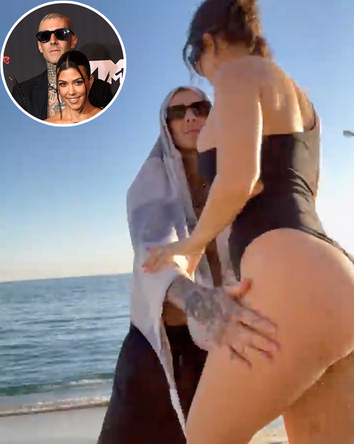 Naked Kim Kardashian At Beach - Travis Barker Holds Kourtney Kardashian's Bare Butt in NSFW Video