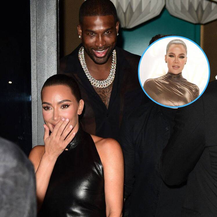 (L) Kim Kardashian leaves a Miami restaurant with Tristan Thompson, (R) Khloe Kardashian poses in a gold gown