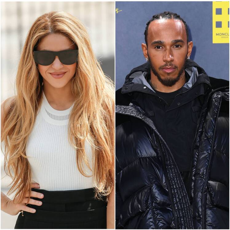 (L) Shakira poses in a white tank top, black pants and black sunglasses; (R) Lewis Hamilton poses in a black shirt and black puffer jacket