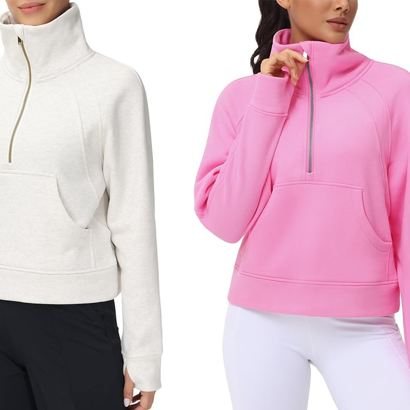THE GYM PEOPLE Womens' Half Zip Pullover Fleece Stand Collar Crop Sweatshirt  with Pockets Thumb Hole