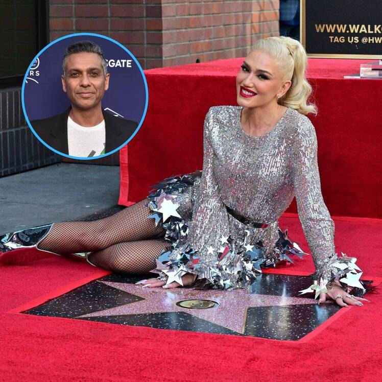 Gwen Stefani wears a silver dress next to her Hollywood Walk of Fame star next to an inset photo of Tony Kanal