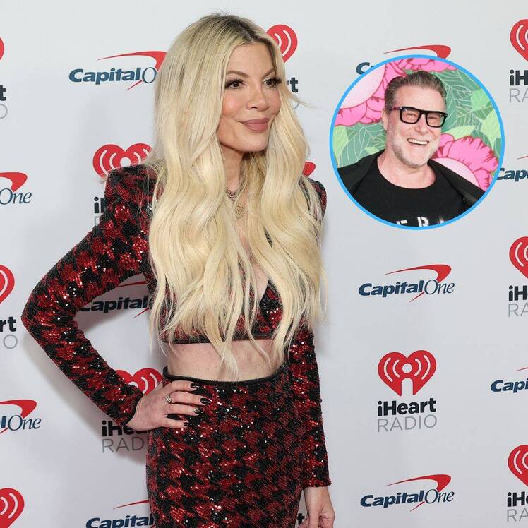 Tori Spelling in a black and red plaid skirt and top next to an inset photo of Dean McDermott