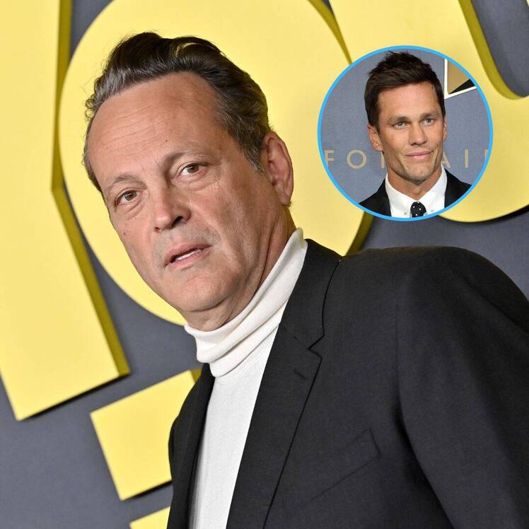 Vince Vaughn wearing a white turtleneck and black jacket next to an inset photo of Tom Brady