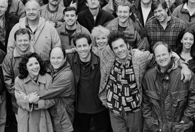 Julia Louis-Dreyfus (Elaine), Jason Alexander (George), Jerry Seinfeld (Jerry), Michael Richards (Kramer), and director Andy Ackerman