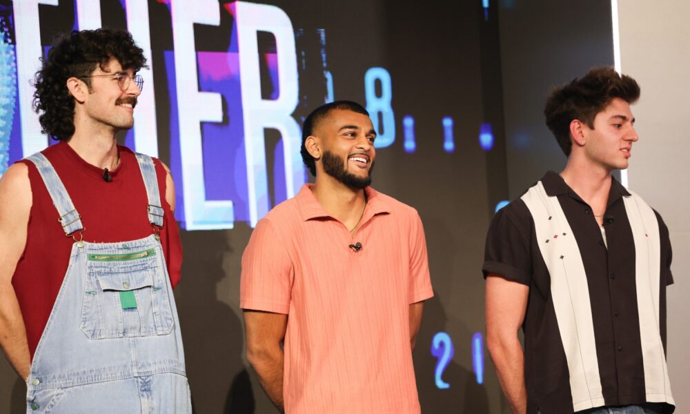 Barrett Pfeiffer, Yash Patel and Drew Campbell stand on stage for 'Big Brother 28'