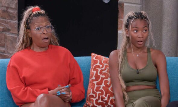 LaTrice Verrett and Taylor Brown sit on a coach and their jaws drop.